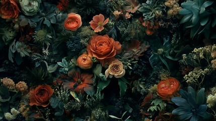 Fototapeta premium Dark floral composition with roses and greenery