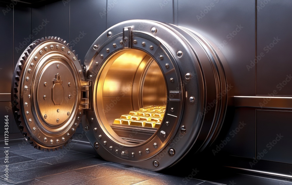 Poster glimmering gold bars stacked neatly inside an open vault door, showcasing wealth and security in a m