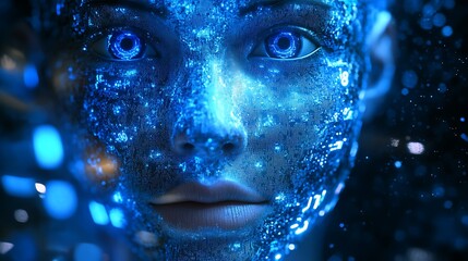 Metallic Blue Futuristic Face Digital 3D High-Tech Abstract Concept Art
