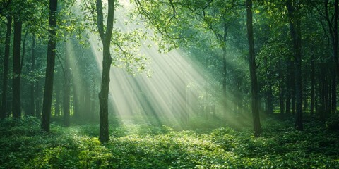 Obraz premium Sunbeams in Lush Green Forest Mystical Nature Photography