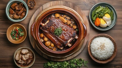 Delicious Chinese Pork Belly Dish with Rice and Fresh Vegetables