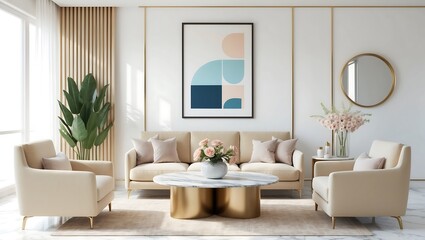 Stylish living room interior with sofa, coffee table and wooden wall frame