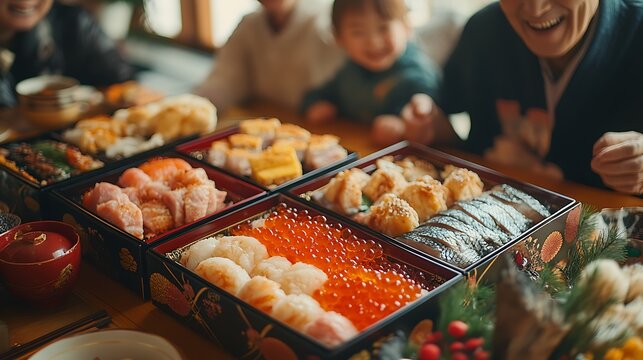 A lively family celebration with osechi ryori lacquered boxes opened to reveal vibrant mochi, fish roe, and grilled fish, laughter and joy filling the air,