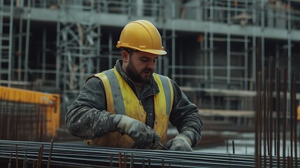 Construction worker tying rebar at a building site.