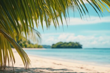A serene beach scene with palm leaves framing a tranquil ocean view.