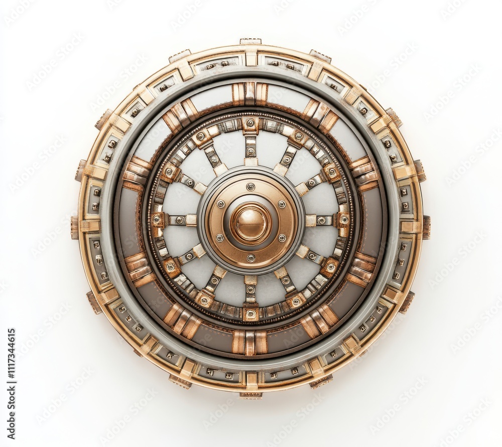 Poster intricate bronze and silver shield design featuring geometric patterns and circular elements for fan