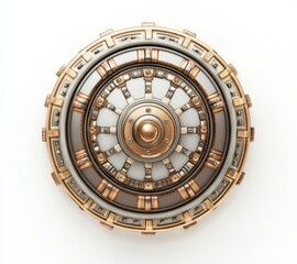 Intricate Bronze and Silver Shield Design Featuring Geometric Patterns and Circular Elements for Fantasy and Sci-Fi Themes