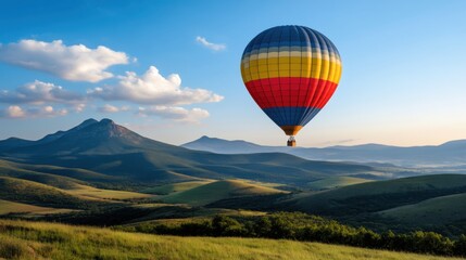 Obraz premium Colorful Balloon Flight Over Scenic Landscape