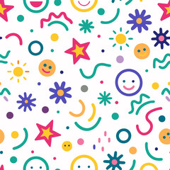 Cheerful seamless pattern with happy faces, stars, flowers, and abstract shapes on white background.