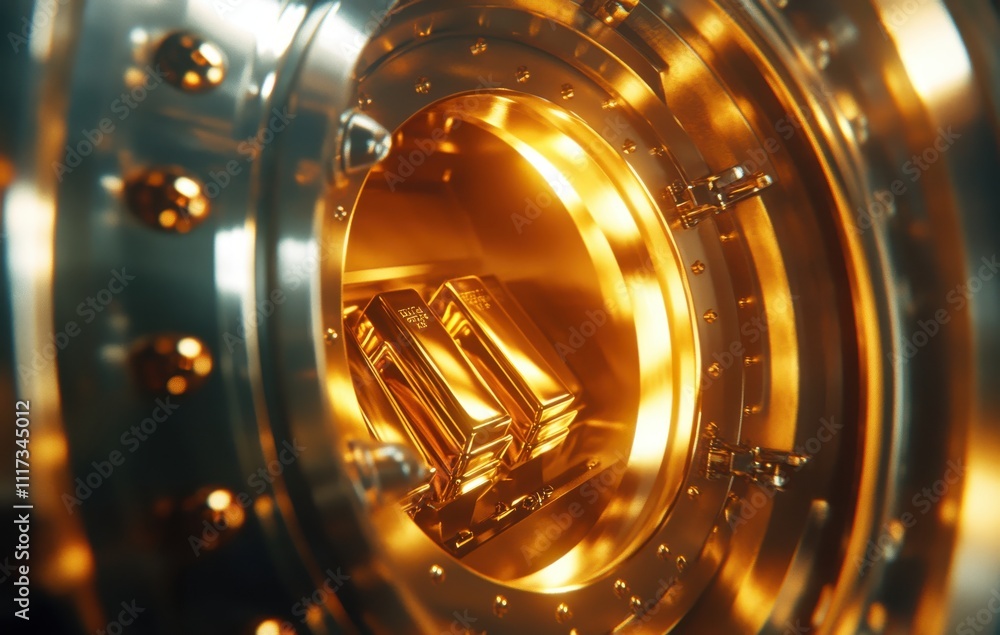 Poster intricate close-up view of a modern vault door showcasing gleaming gold bars inside a secure safe, s