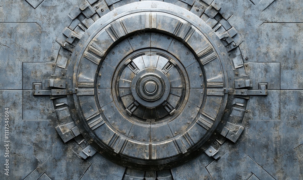 Poster Intricate Close-Up of a Metallic Circular Design Featuring Geometric Patterns and Weathered Textures on an Industrial Surface for Architectural Projects