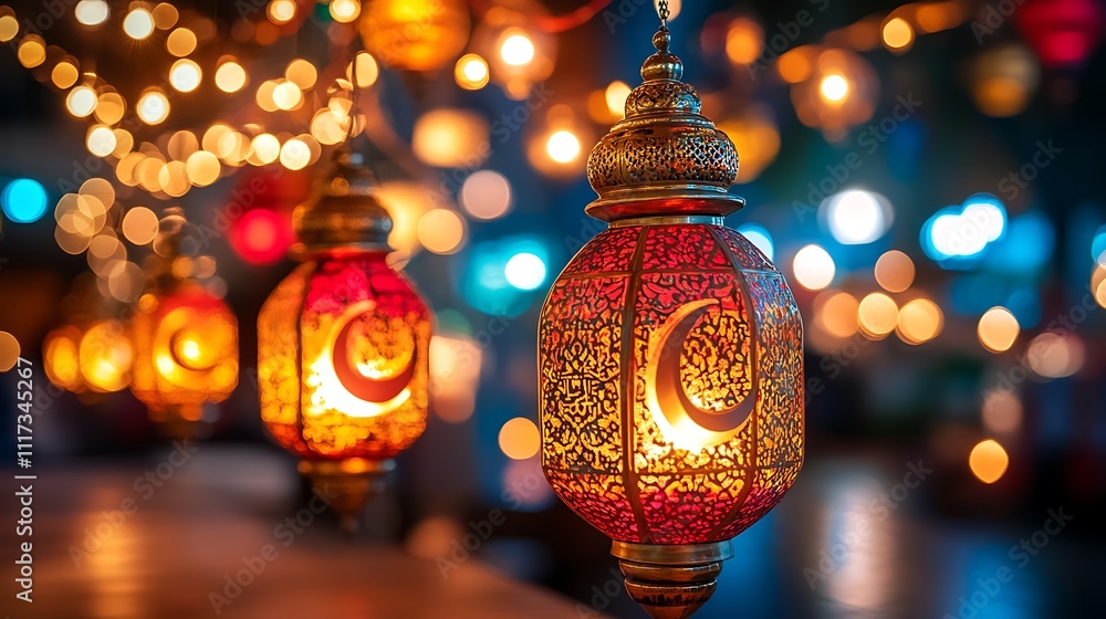Poster illuminated lanterns with crescent moon designs hang against a bokeh background of warm lights.