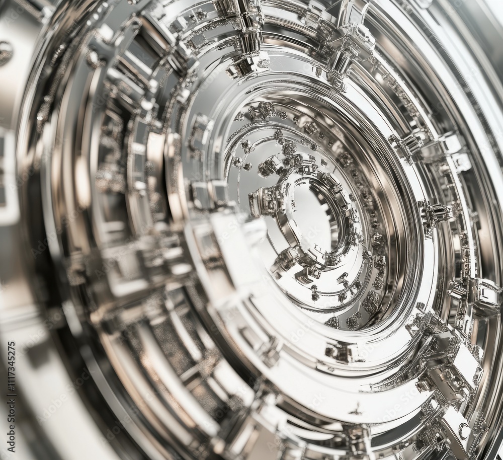 Poster intricate metallic layers in a circular formation, showcasing a futuristic design with reflective su