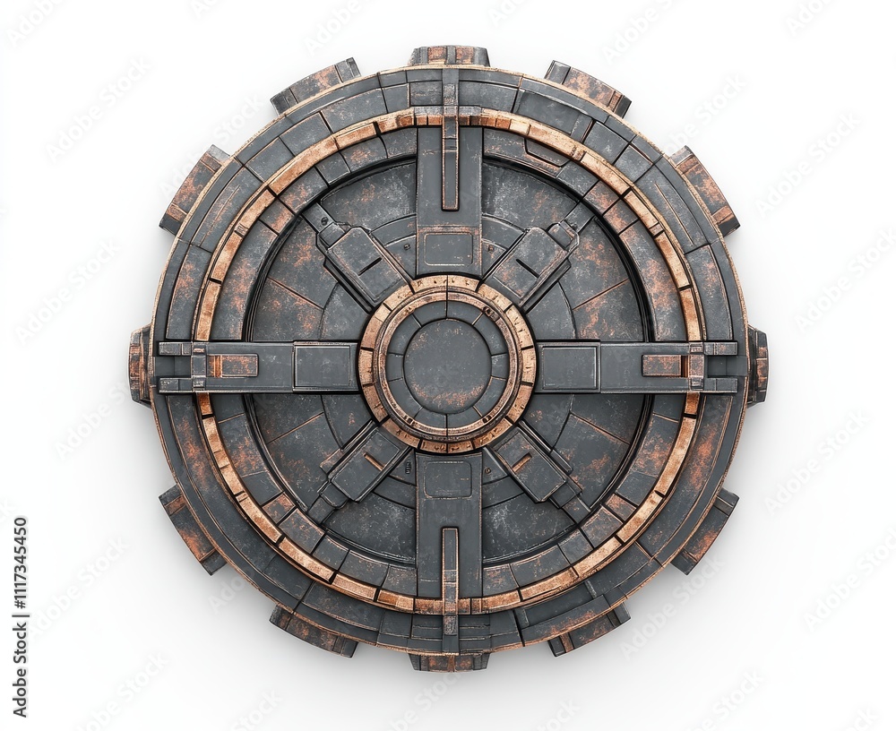 Poster intricate round metallic shield with detailed patterns and textures, featuring steampunk design elem