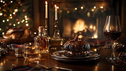 Obraz premium A luxurious Hogmanay dining table with a perfectly baked black bun, a selection of fine Scotch whisky, and decorative tartan elements,