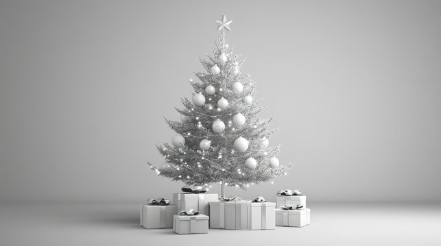 A modern Christmas tree with minimalist white and silver ornaments, glowing LED lights, and neatly stacked monochrome gift boxes beneath.