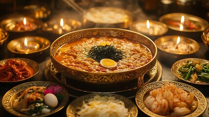 Fototapeta premium A luxurious Korean New Year table with tteokguk served in an ornate porcelain bowl, garnished with golden egg strips and seaweed, paired with colorful side dishes on brass plates,