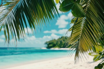 A serene beach scene with palm leaves framing a tranquil ocean view.