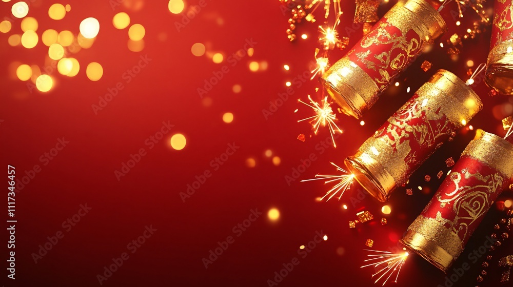 Poster sophisticated chinese new year background with golden firecrackers and sparkling lights on a deep re