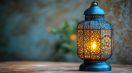Ornate metal lantern with glowing light sits on wooden surface.