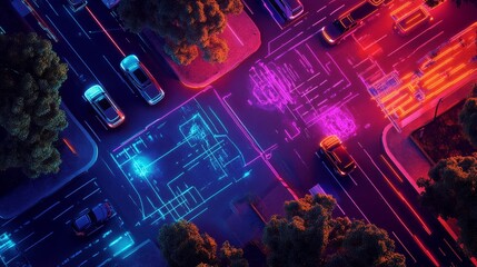 Obraz premium Futuristic city street intersection at night, aerial view with glowing lines and cars.