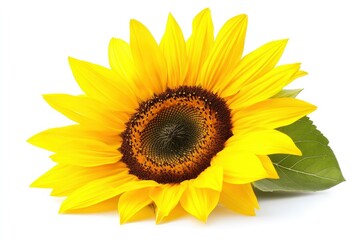 Fototapeta premium A vibrant sunflower with bright yellow petals and a dark center, resting on a green leaf.