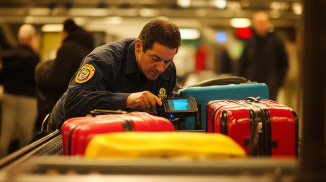 Security personnel meticulously inspecting luggage at airport checkpoint, ensuring safety and compliance with travel regulations. The scene emphasizes the importance of thoroughness in maintaining pub - Powered by Adobe