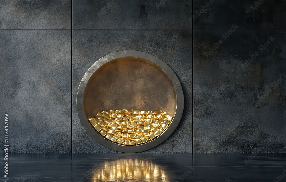 Poster modern vault displaying precious gold bars in round window setting with elegant dark wall and smooth