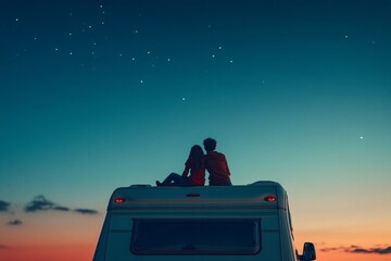 Fototapeta premium A couple enjoys the serene beauty of a starlit sky from the roof of their camper. Perfect for capturing moments of love and adventure. Generative AI