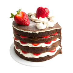 A layered chocolate and strawberry cake with heart-shaped layers, isolated on a white background