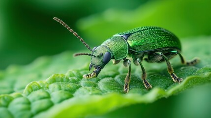 Detailed Green Beetle on Leaf Close-Up