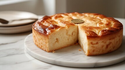A minimalist presentation of a whole vasilopita cake on a marble plate, its golden crust shining under soft natural light, a slice cut out to show the coin,