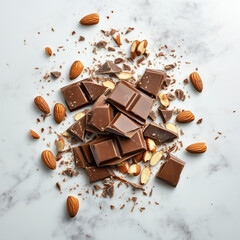 Flat lay of broken milk chocolate squares with roasted almonds, scattered on a marble surface,...