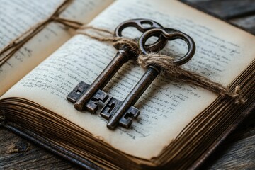 Fototapeta premium Exploring the charm of vintage keys tied with string on an old book rustic setting still life photography artistic perspective key to history and memory