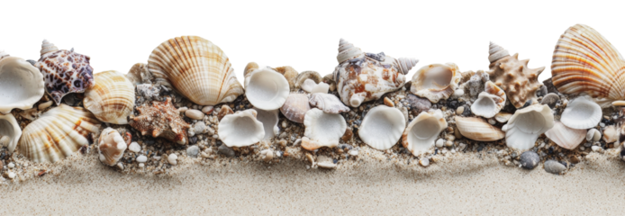Colorful seashells collected on sandy beach shore, cut out - stock png.