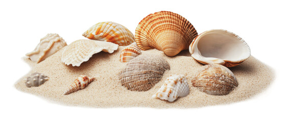 Beautiful collection of seashells on sandy beach, cut out - stock png.