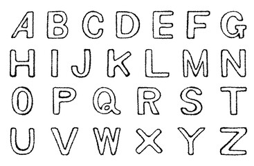 Black and white hand drawn illustration with alphabet capital letters