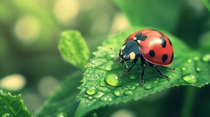 Vibrant Ladybug on Leaf with Dew Drops