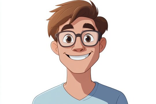 recommend clip art: A cartoon character of a young man with brown hair and glasses smiling confidently