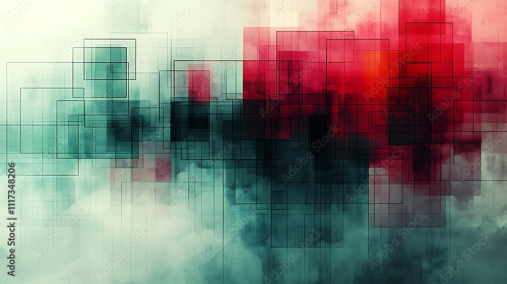 Poster abstract background with red and teal squares on a cloudy background.