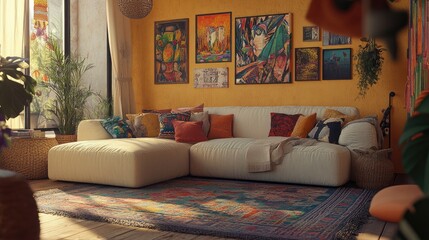 Cozy Living Room with Colorful Art and Warm Decorative Accents