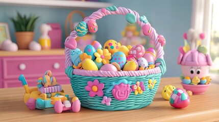 Fototapeta premium Colorful Easter Basket with Decorative Eggs and Spring Themes