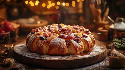 A rustic bakery scene featuring a freshly baked Rosca de Reyes on a wooden tray, its candied fruit and sugar topping glistening under warm light, surrounded by baking tools and ingredients,