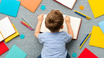 A young child is lying on a colorful mat, writing in a notebook surrounded by vibrant papers and pencils.
