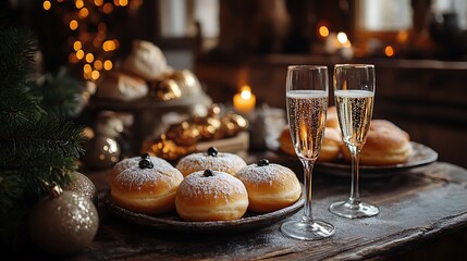 A rustic German kitchen scene with Berliner doughnuts fresh from the oven, their powdered sugar glistening under warm light, champagne flutes filled with bubbles placed beside them,
