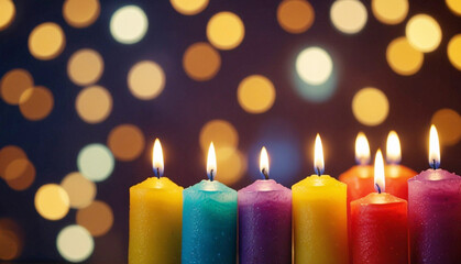 Colorful burning candles with bokeh lights blur background, copy space, celebration festive. Generative Ai
