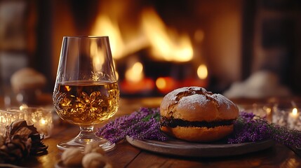 A rustic Scottish Hogmanay scene with black bun and whisky as the focus, the table adorned with sprigs of heather, traditional Scottish decor, and a roaring fireplace in the background,