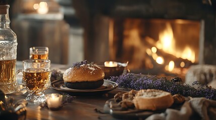 A rustic Scottish Hogmanay scene with black bun and whisky as the focus, the table adorned with sprigs of heather, traditional Scottish decor, and a roaring fireplace in the background,