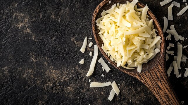 Shredded Cheese on Rustic Wooden Spoon and Dark Background