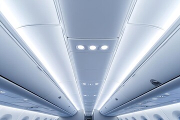 Interior view of an airplane cabin showcasing overhead lighting.